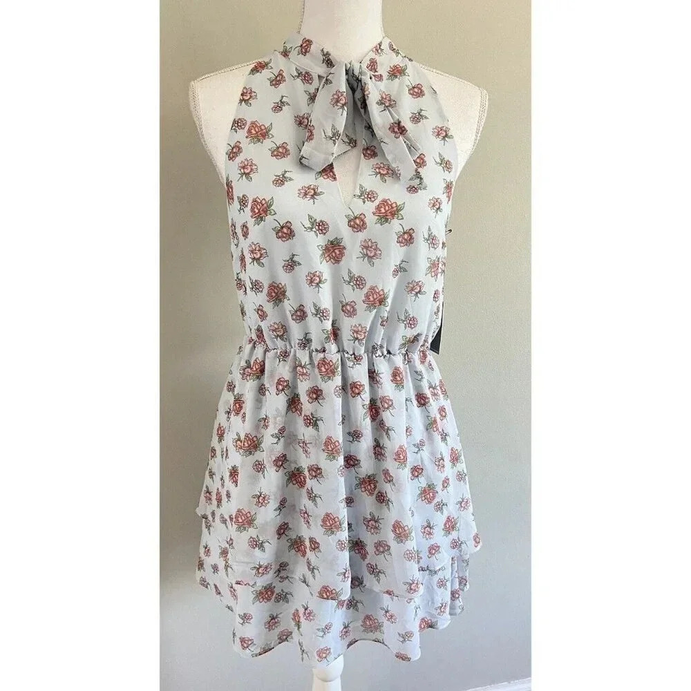 NWT Lovers + Friends Dress Fit Flare Tie Neckline Blue Pink Rose Print Small New